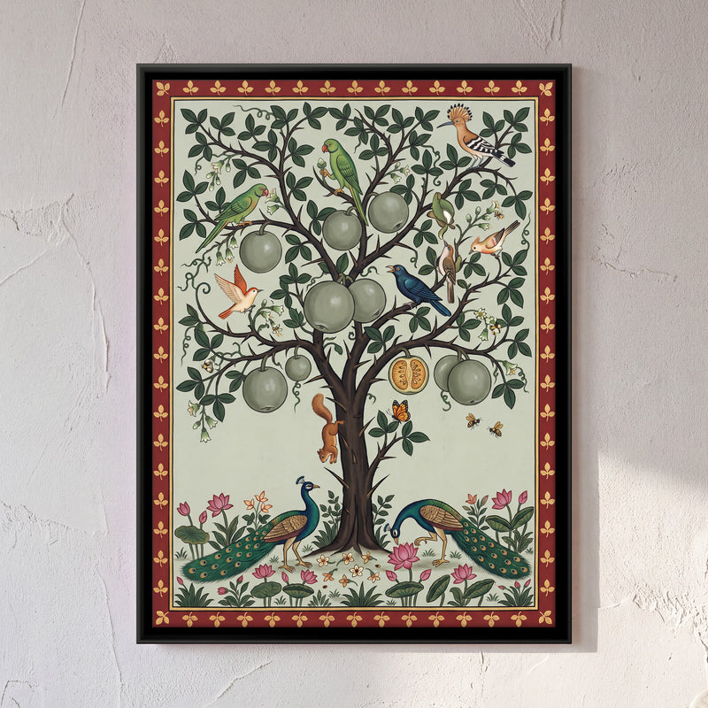 Bael Tree with Peacocks - framed canvas art hung on a wall