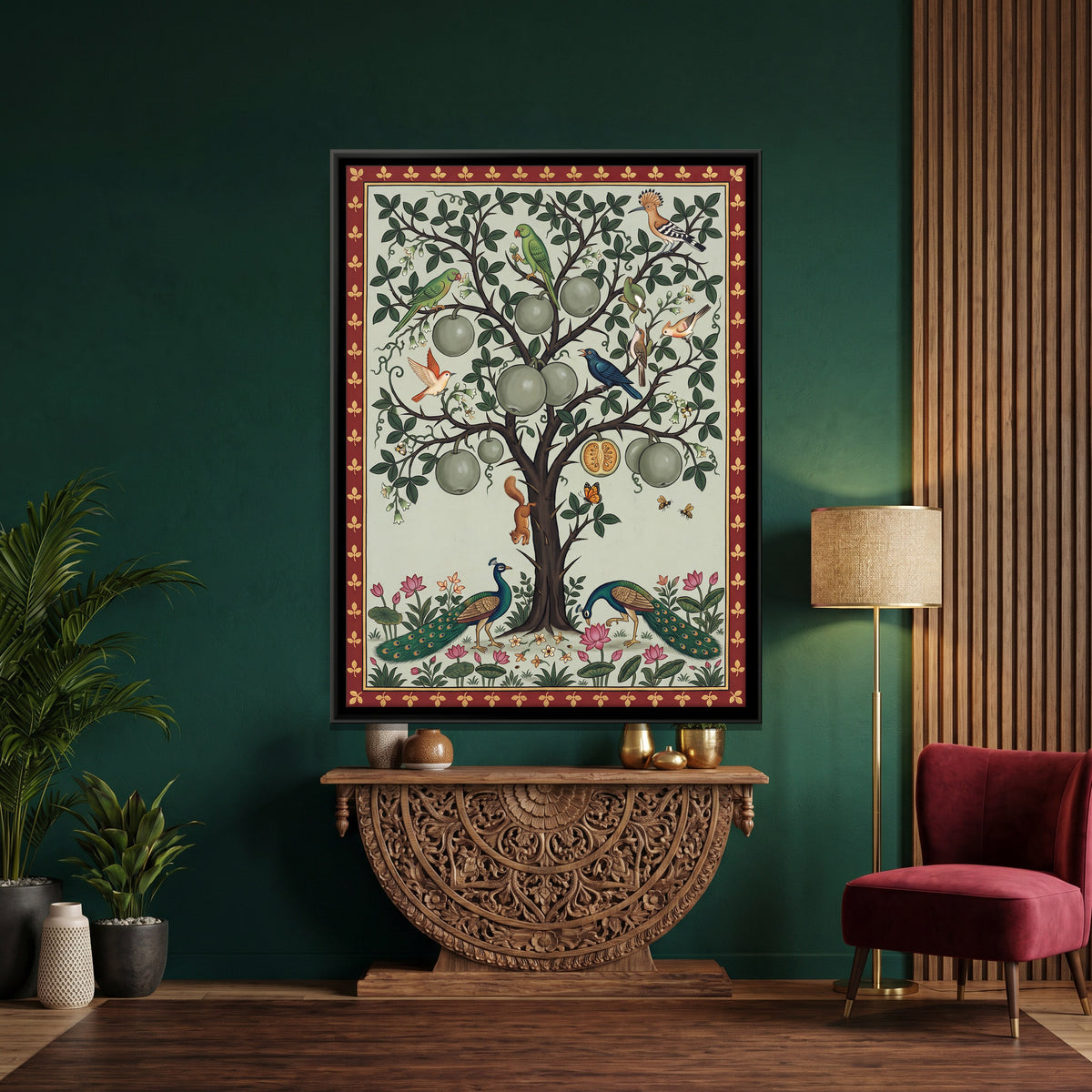 Bael Tree with Peacocks - canvas art shown in a styled room