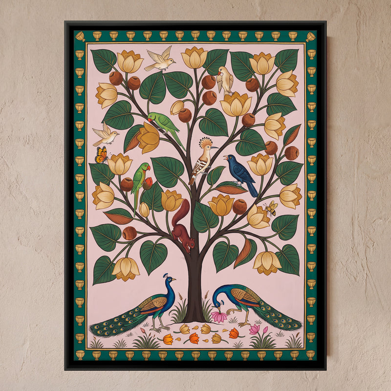 Flowering Tree with Peacocks - framed canvas art hung on a wall