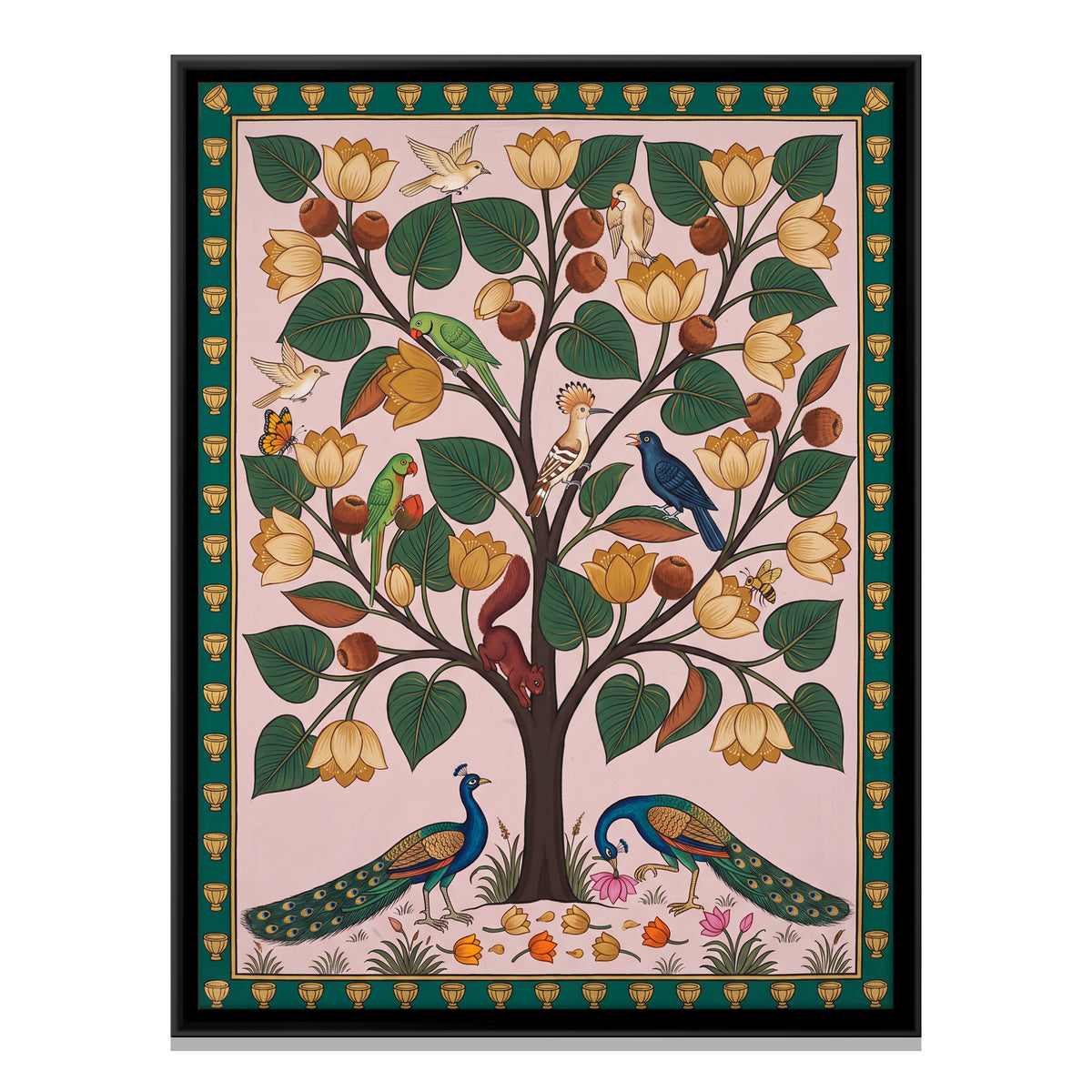 Flowering Tree with Peacocks - framed canvas print, front view