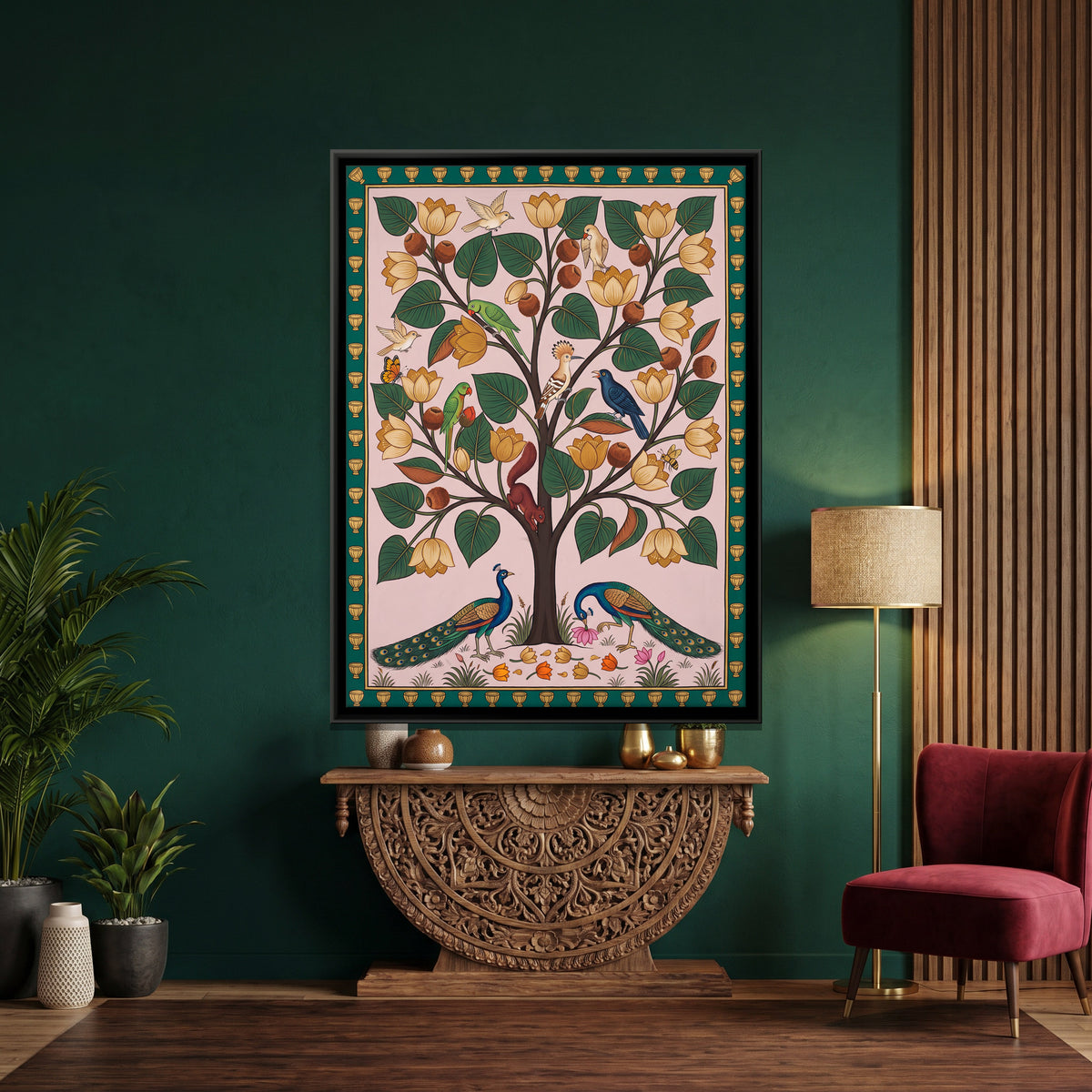 Flowering Tree with Peacocks - canvas art shown in a styled room