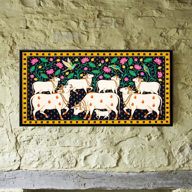 Herd of White Cows - framed canvas art hung on a wall
