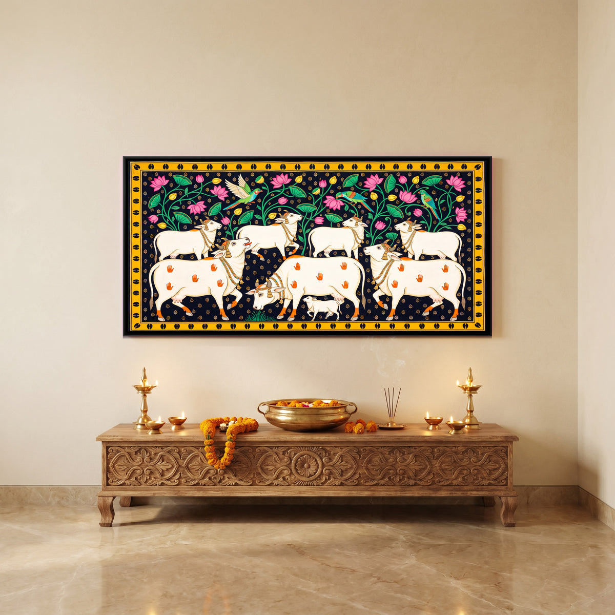 Herd of White Cows - canvas art shown in a second room setting
