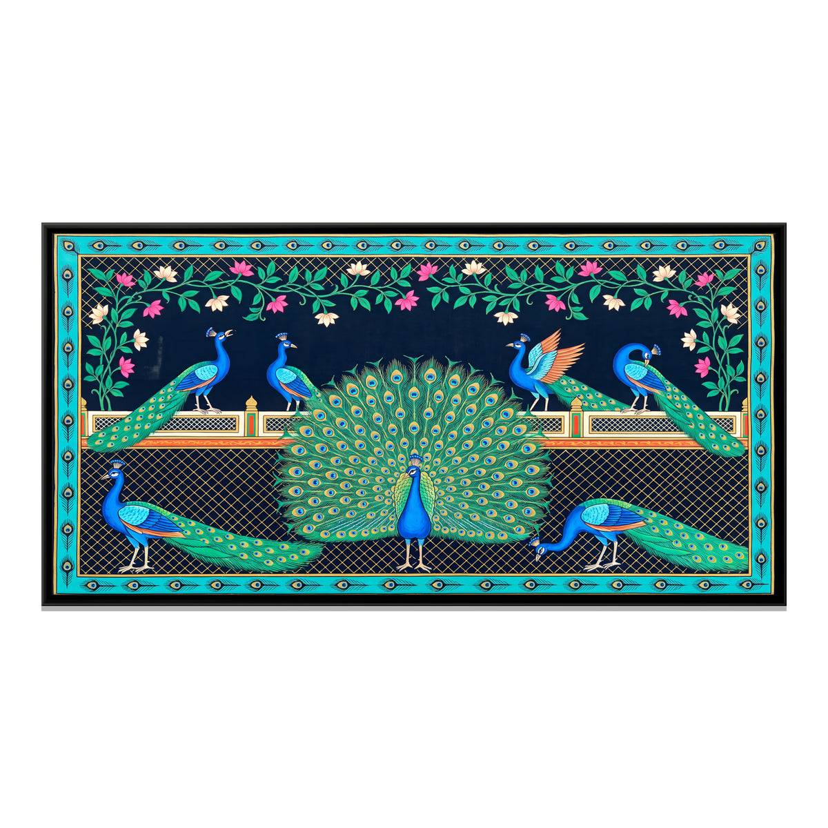 Peacocks on a Terrace - framed canvas print, front view