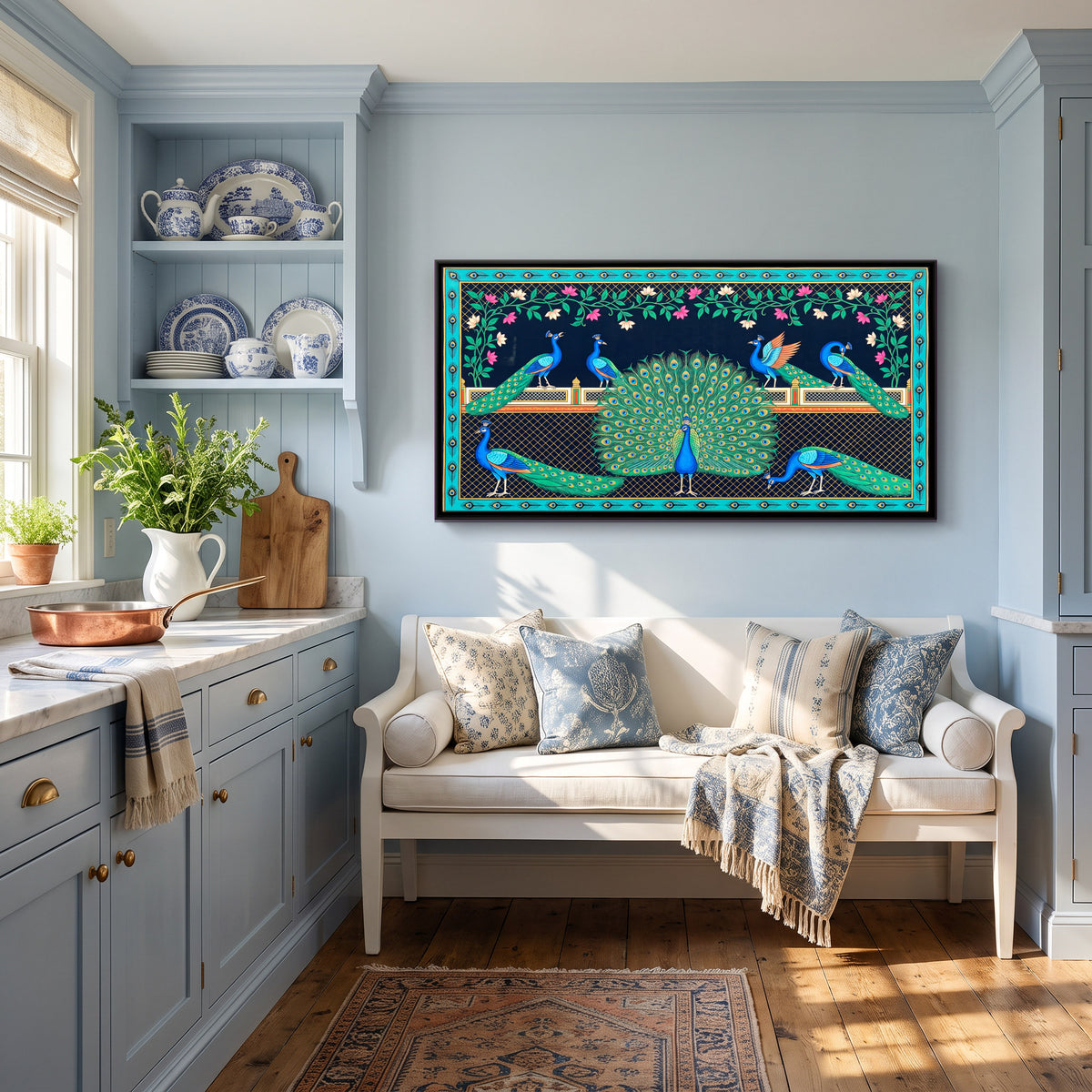 Peacocks on a Terrace - canvas art shown in a styled room