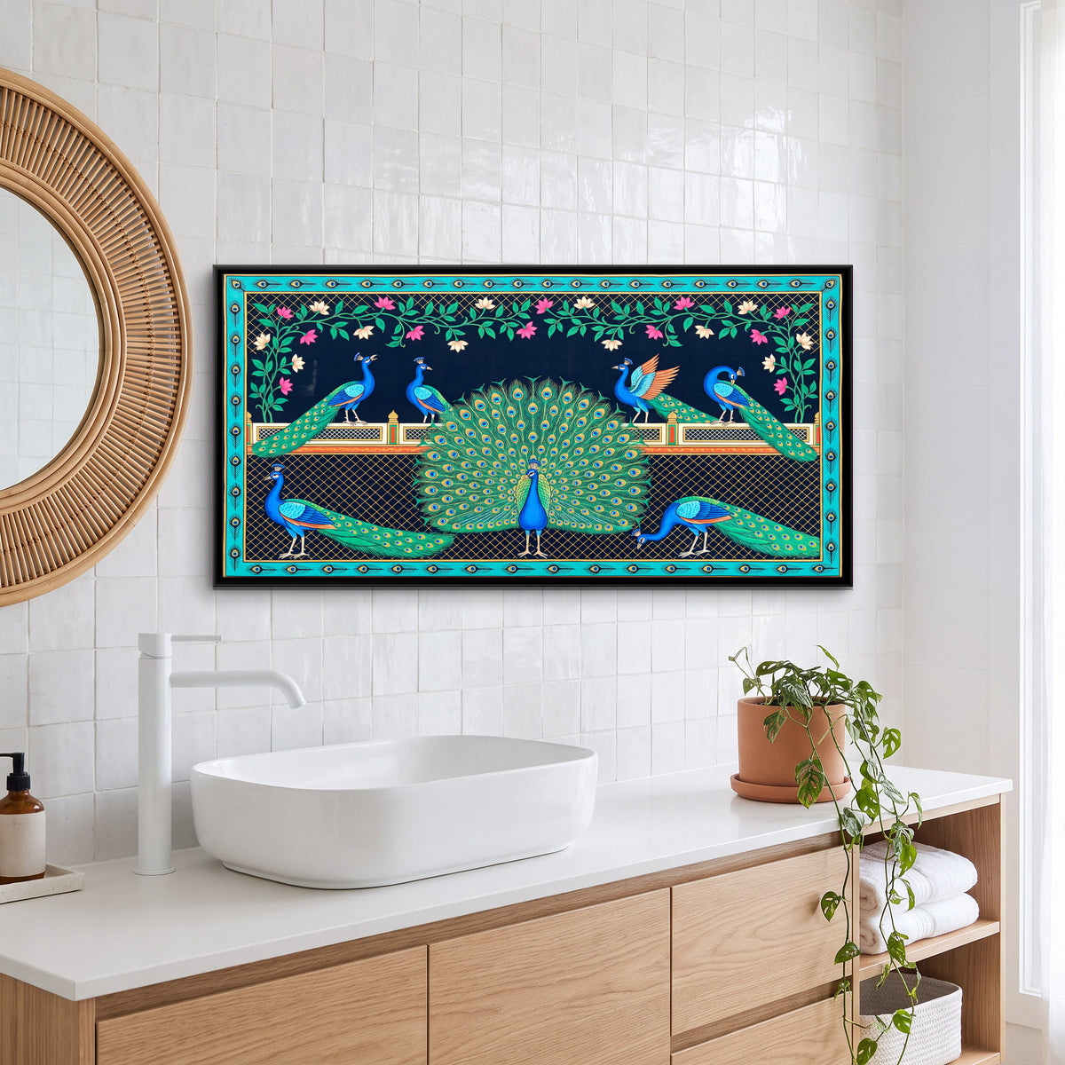 Peacocks on a Terrace - canvas art shown in a second room setting
