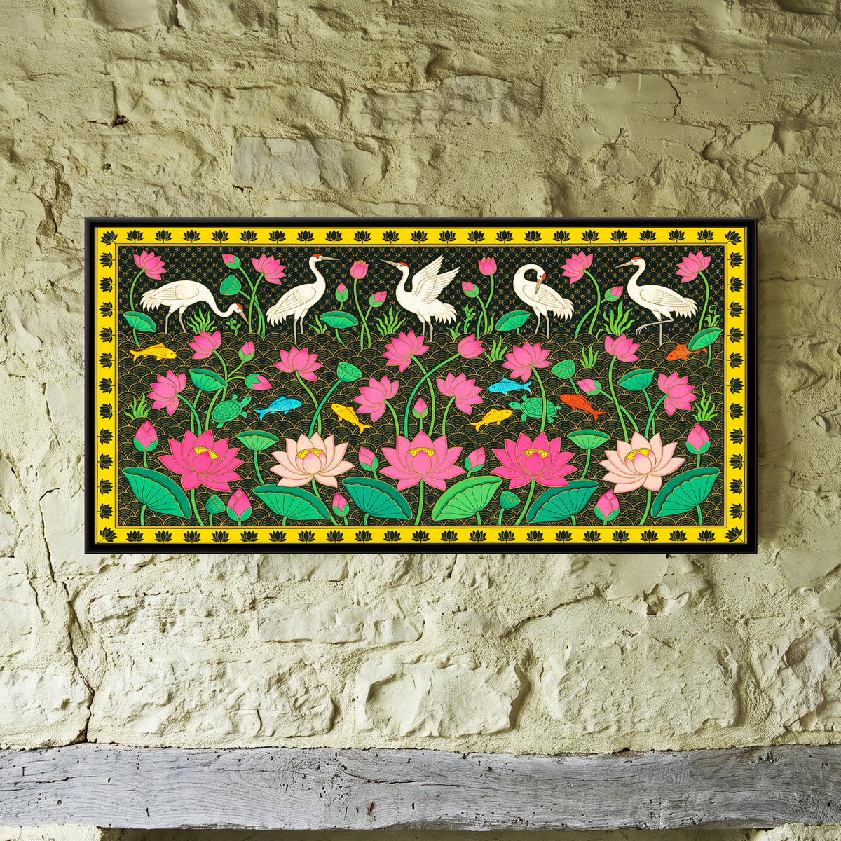 Cranes Among Lotus - framed canvas art hung on a wall