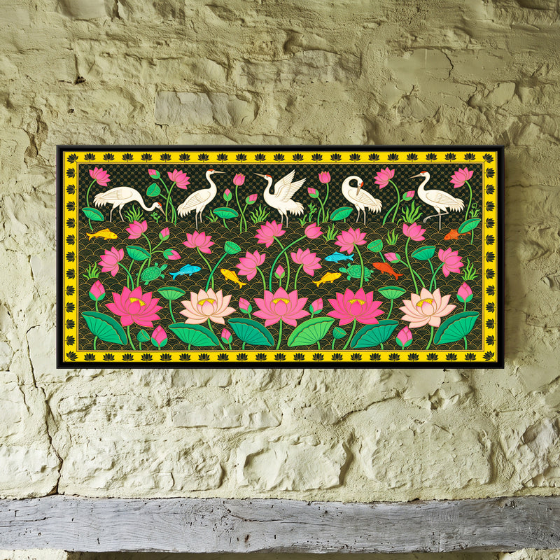 Cranes Among Lotus - framed canvas art hung on a wall