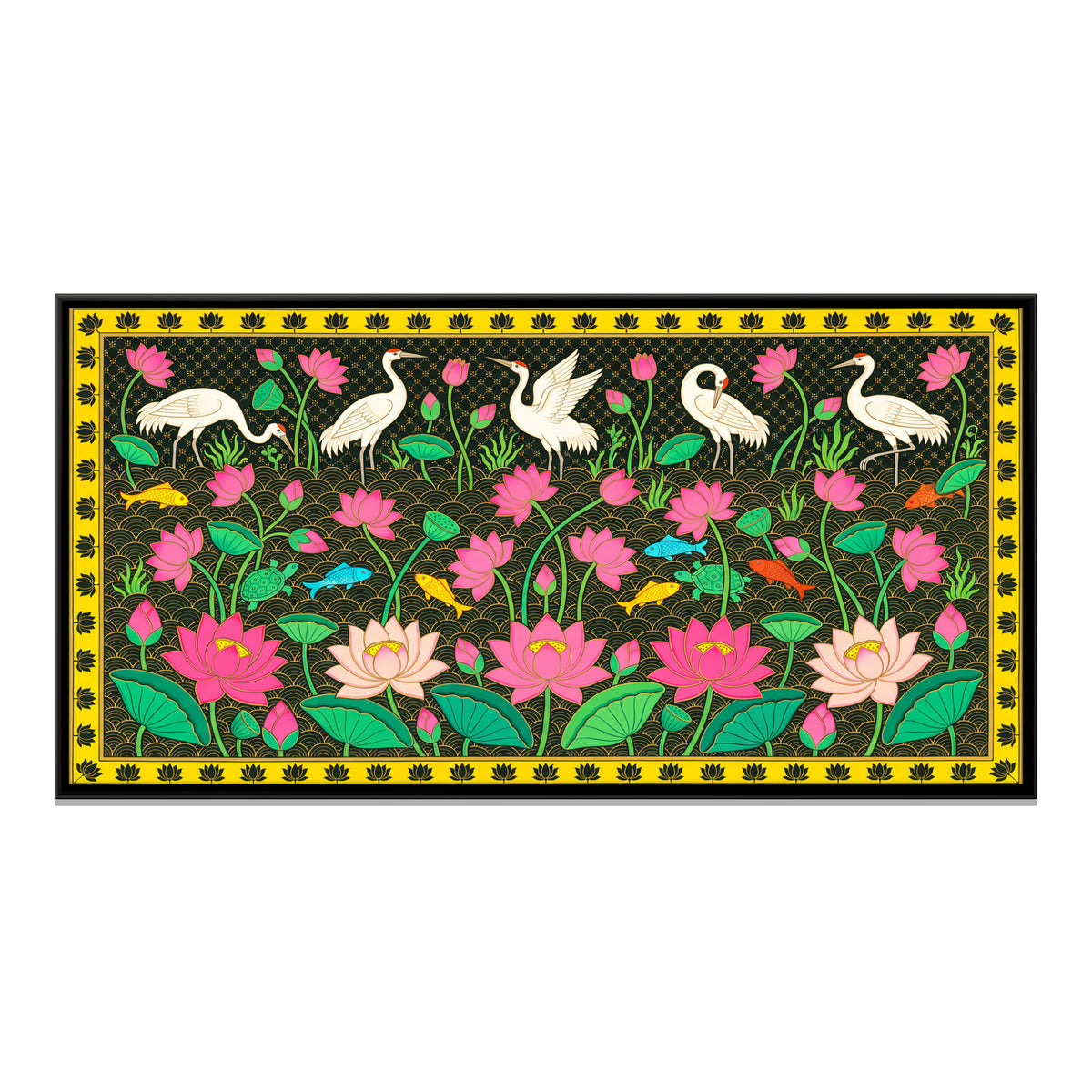 Cranes Among Lotus - framed canvas print, front view