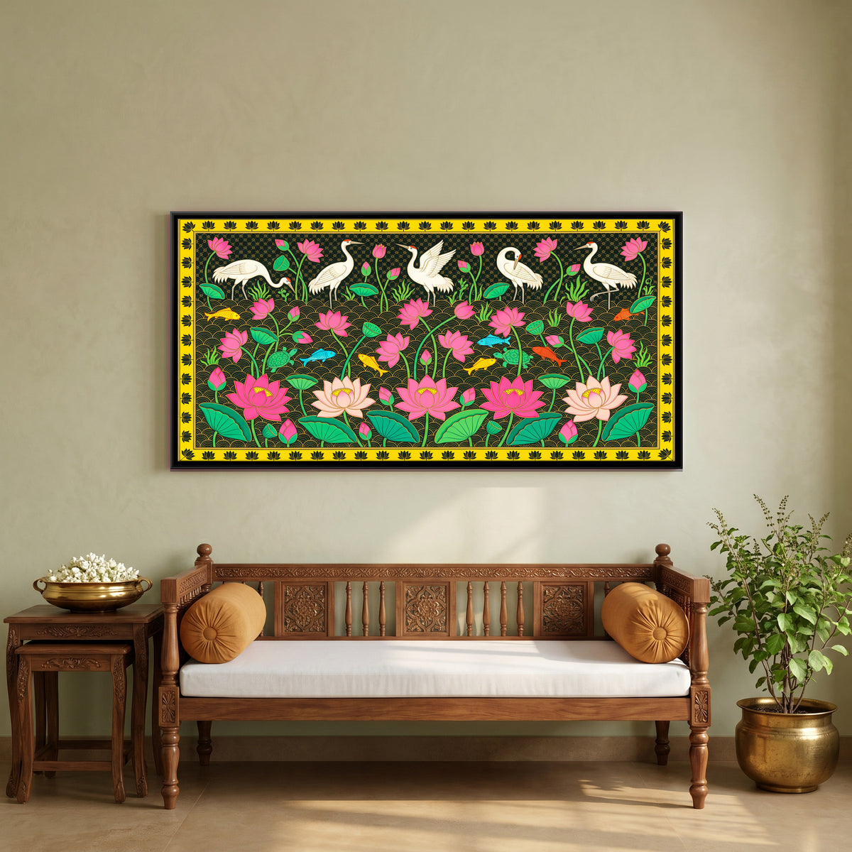 Cranes Among Lotus - canvas art shown in a second room setting