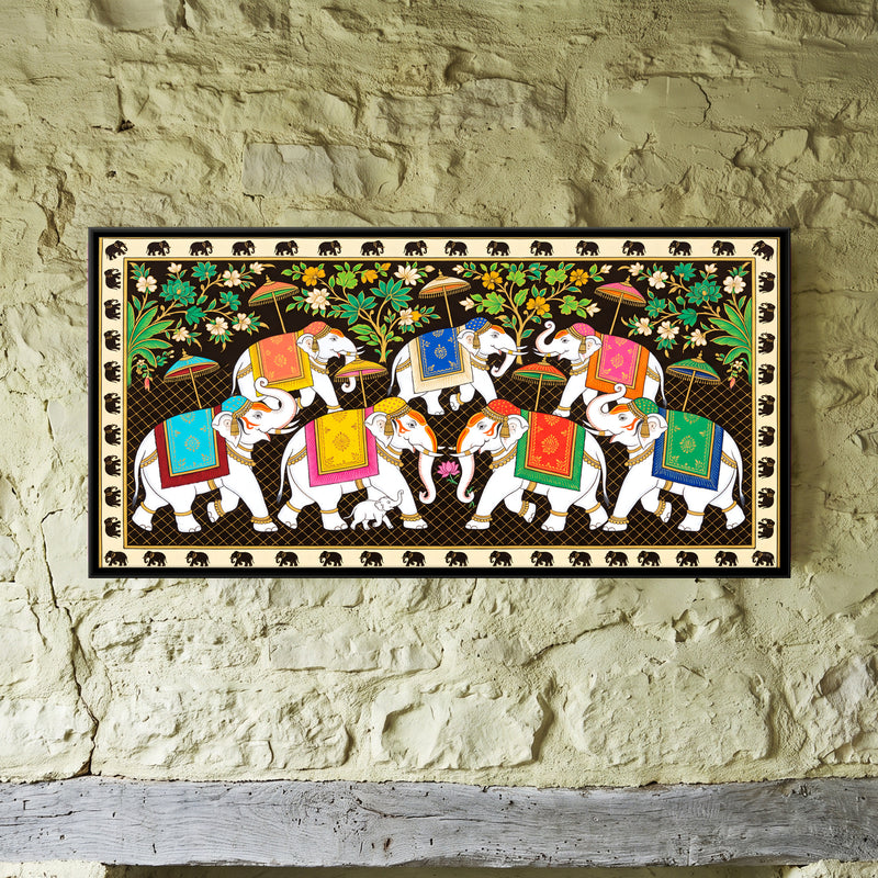 Elephant Procession - framed canvas art hung on a wall