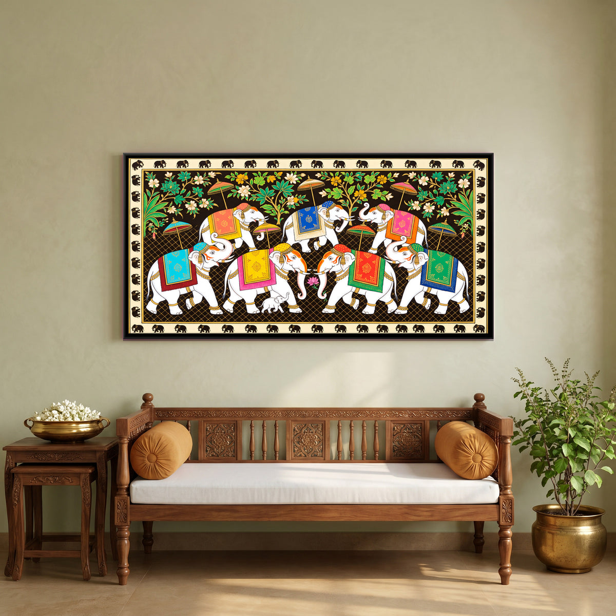 Elephant Procession - canvas art shown in a styled room