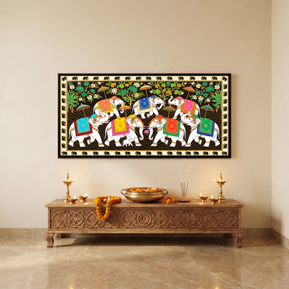 Elephant Procession - canvas art shown in a second room setting