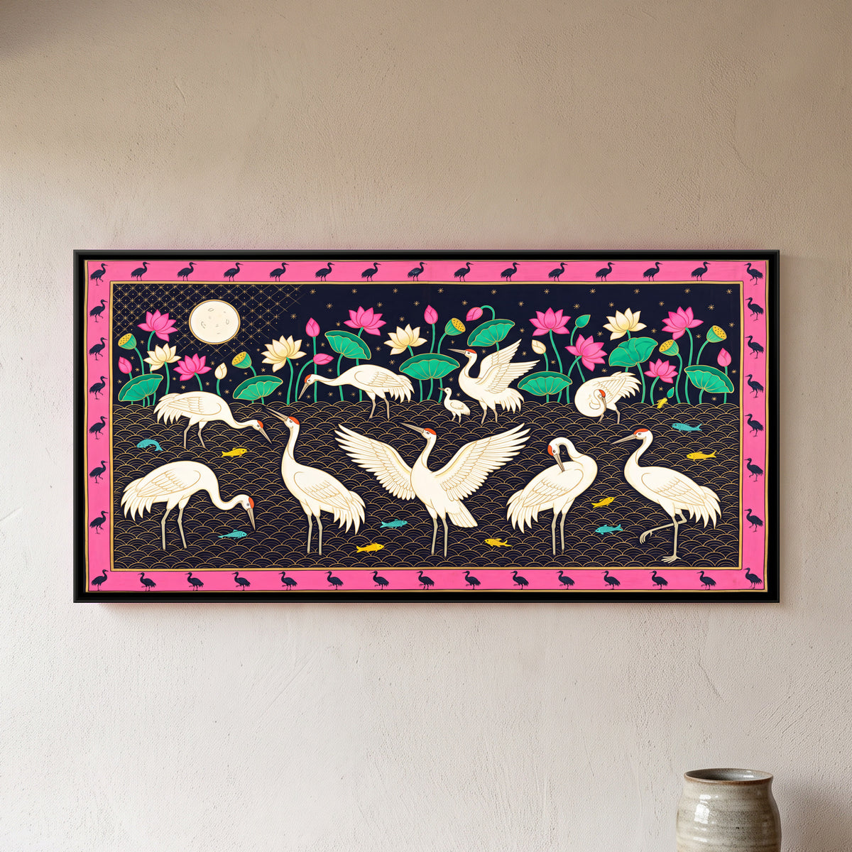 Cranes Under a Full Moon - framed canvas art hung on a wall