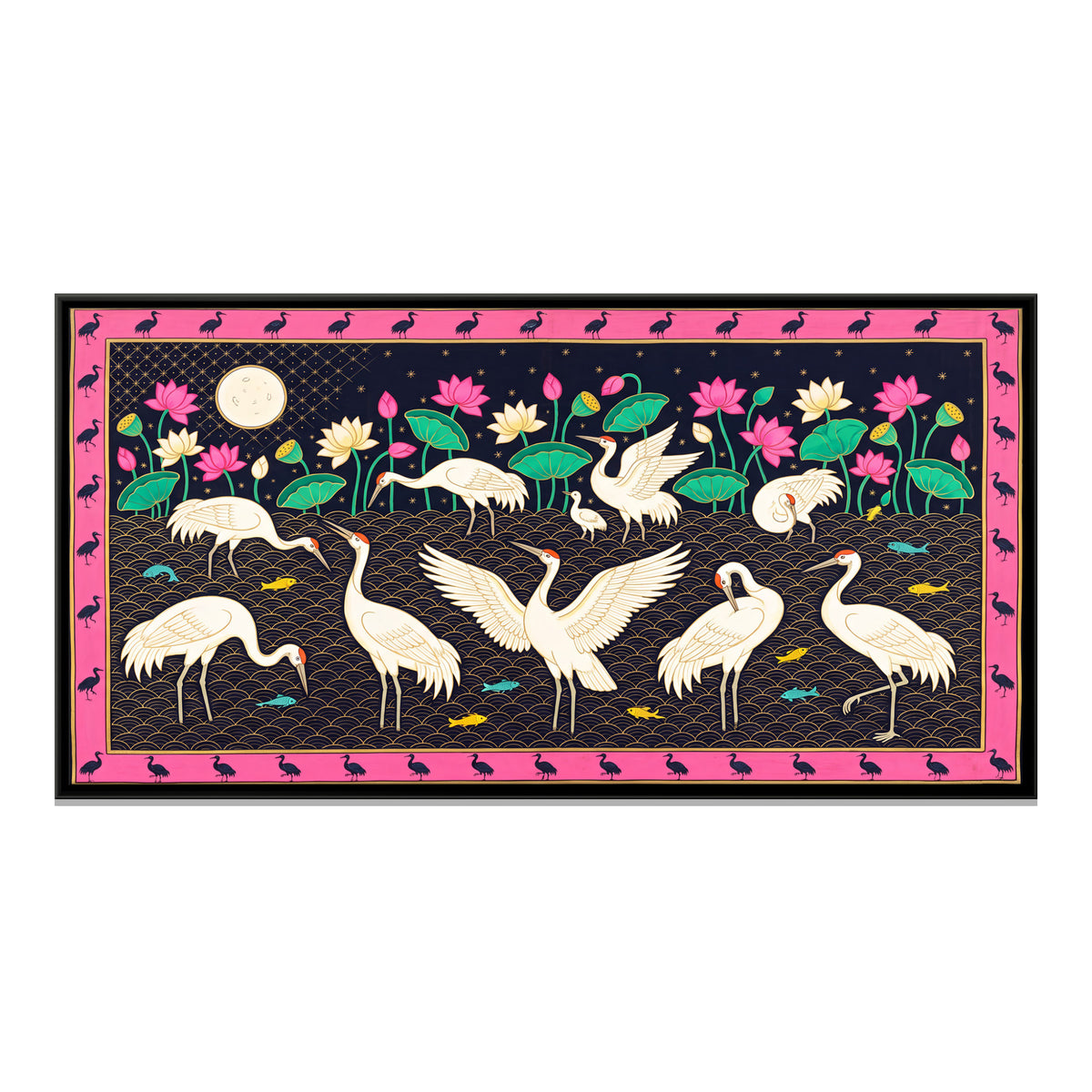 Cranes Under a Full Moon - framed canvas print, front view