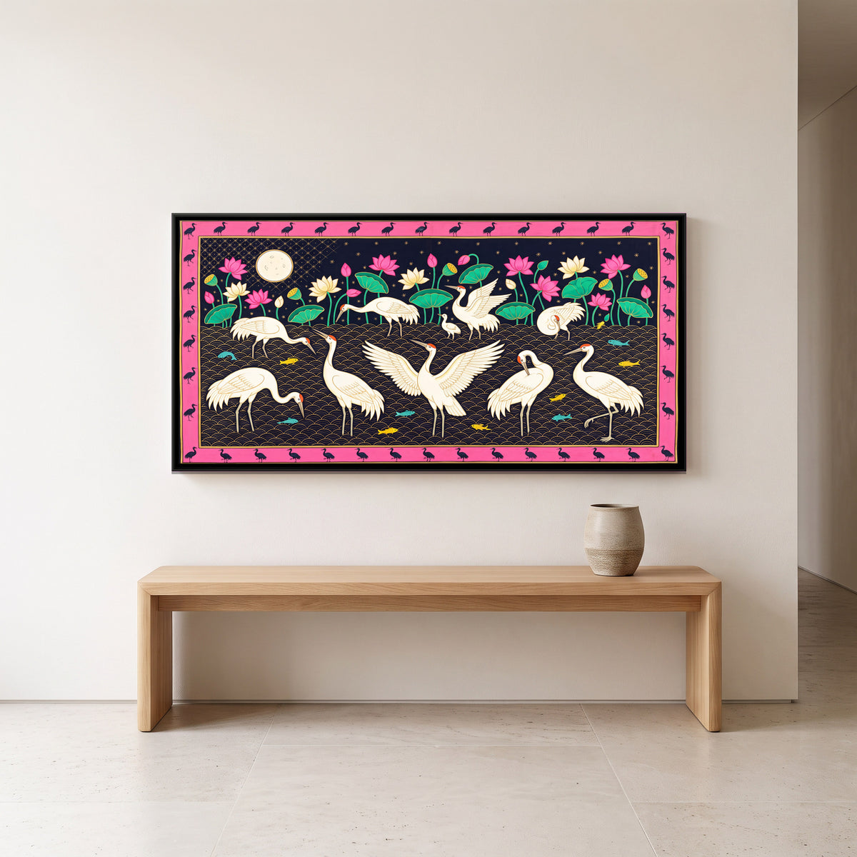 Cranes Under a Full Moon - canvas art shown in a second room setting