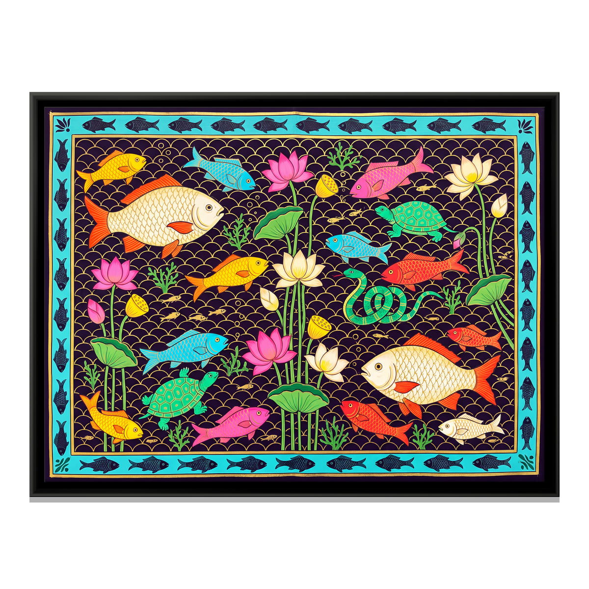Fish and Turtles Among Lotus - framed canvas print, front view