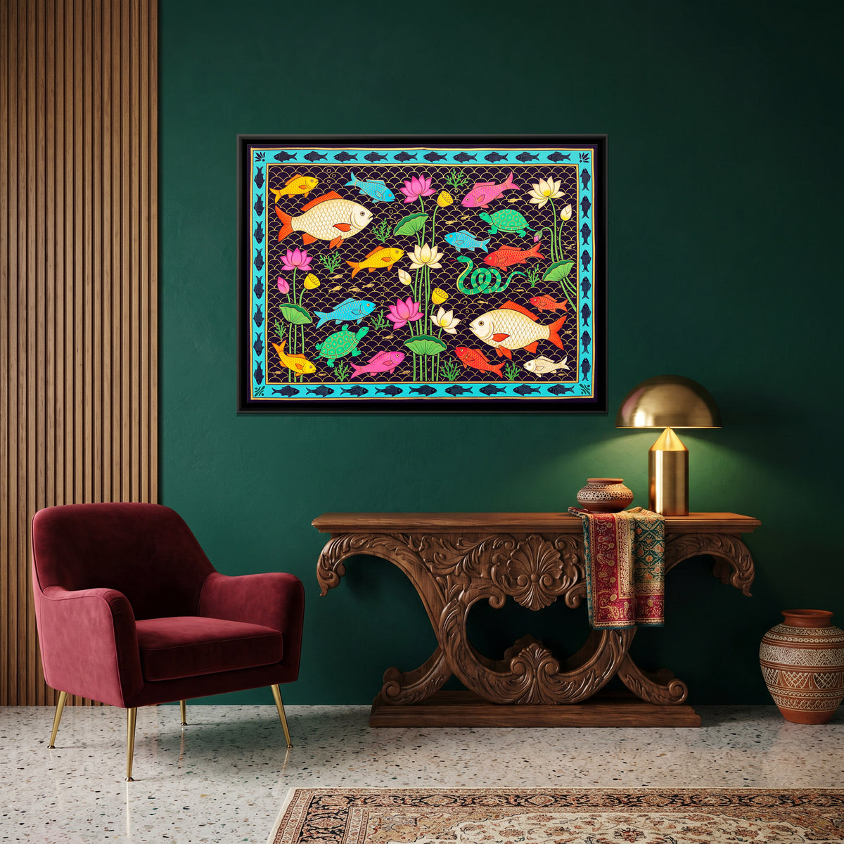 Fish and Turtles Among Lotus - canvas art shown in a styled room