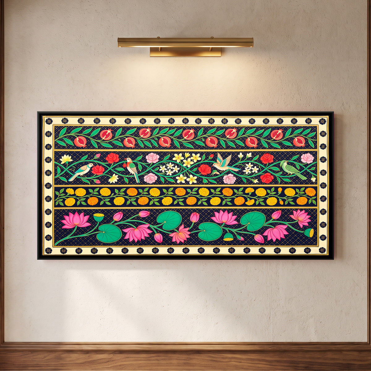 Bands of Lotus and Flowers - framed canvas art hung on a wall