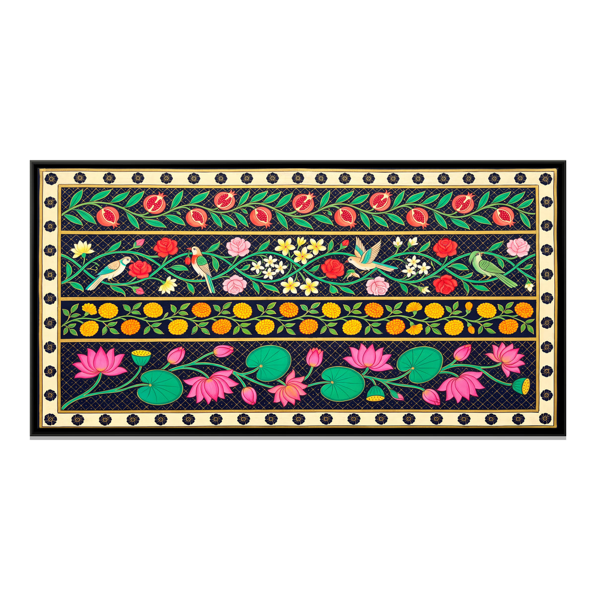 Bands of Lotus and Flowers - framed canvas print, front view