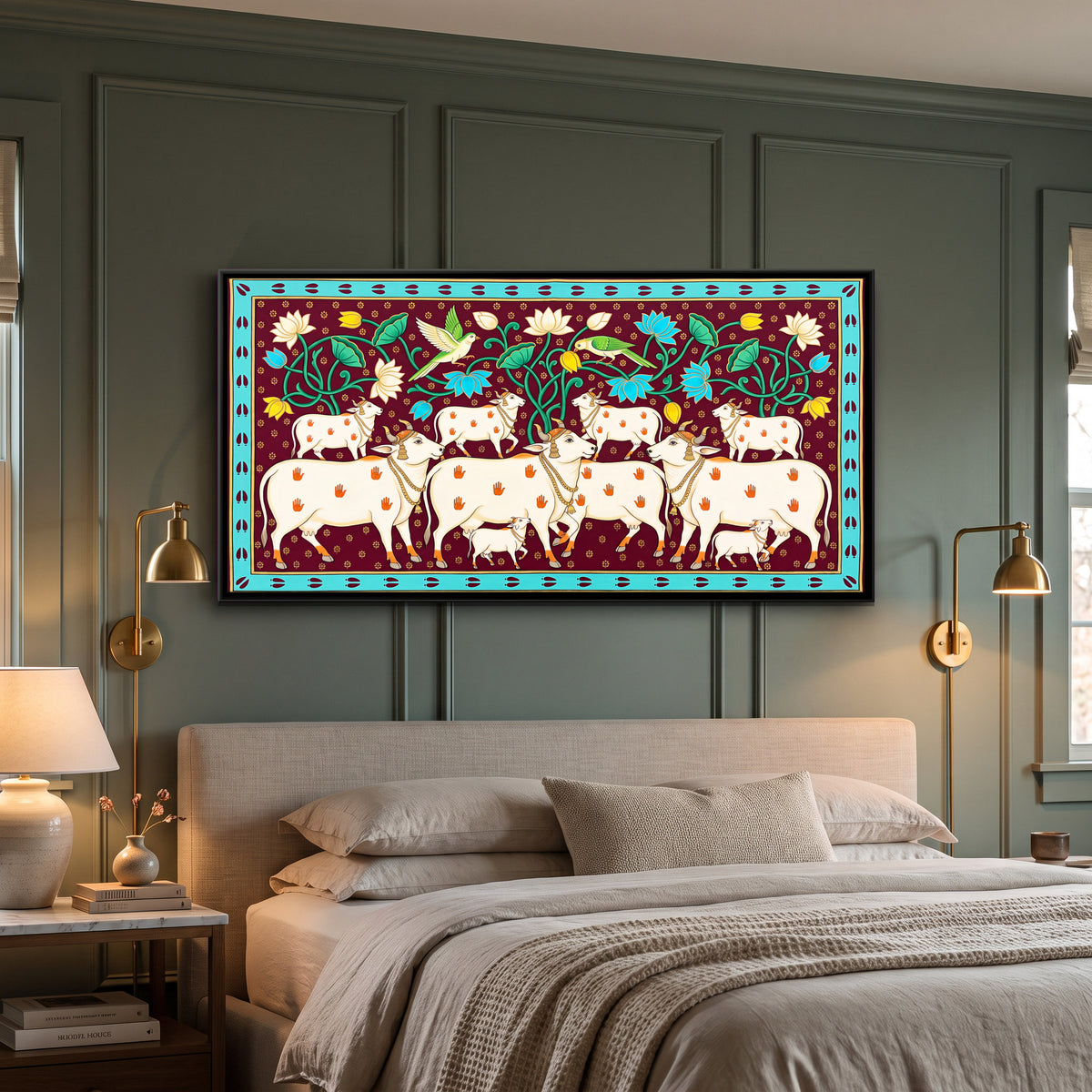 Herd of White Cows - canvas art shown in a styled room