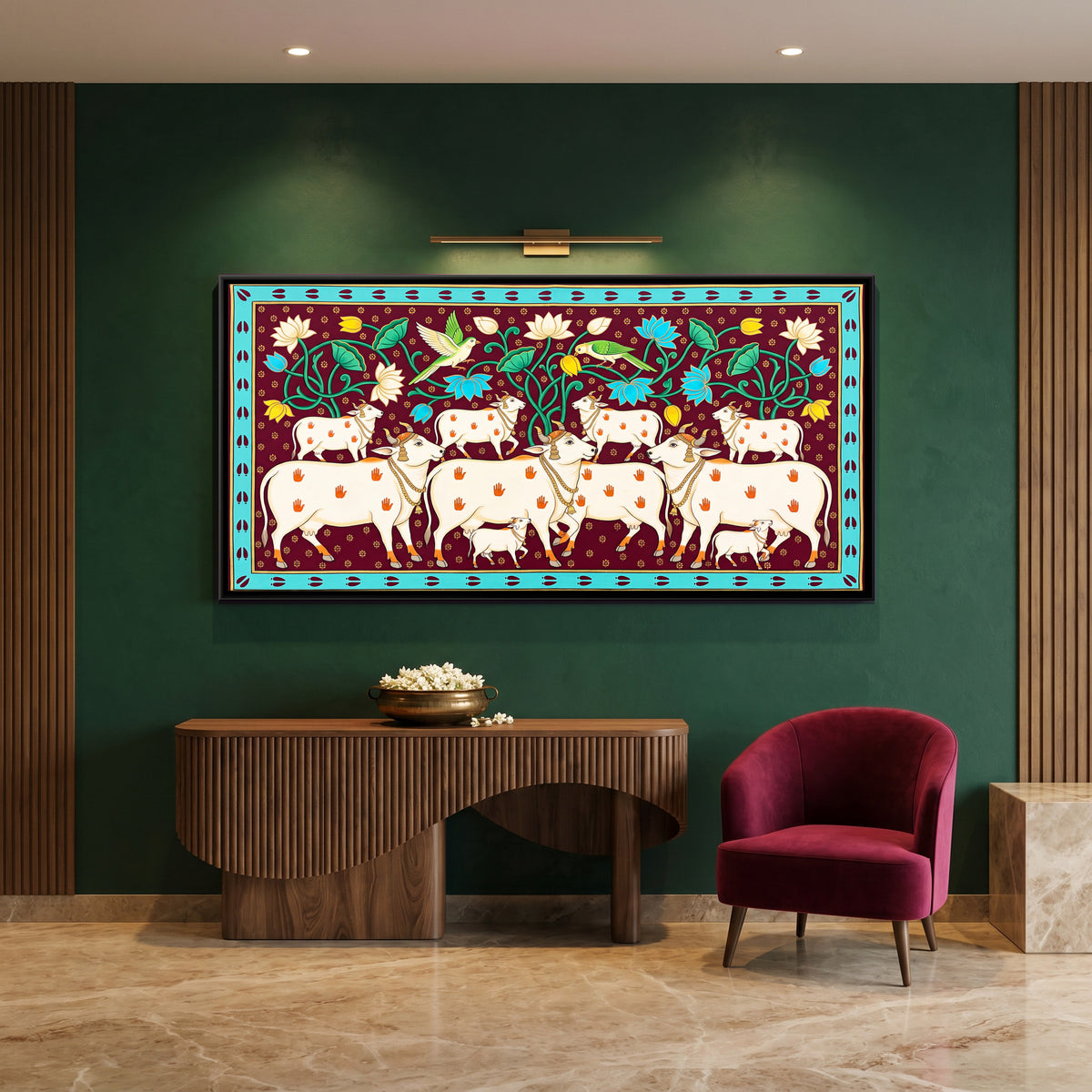 Herd of White Cows - canvas art shown in a second room setting