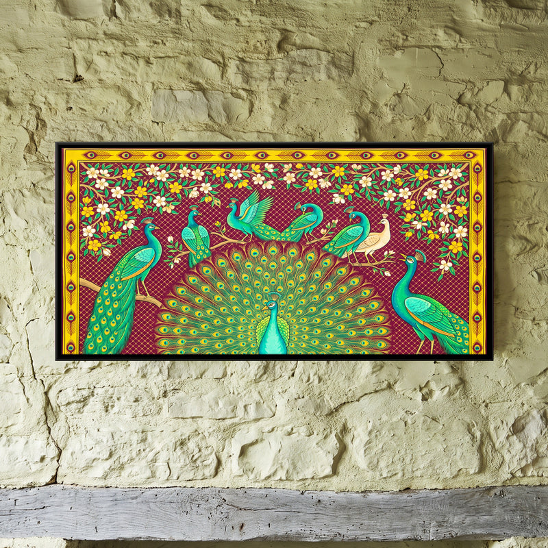 Peacocks Among Flowering Vines - framed canvas art hung on a wall