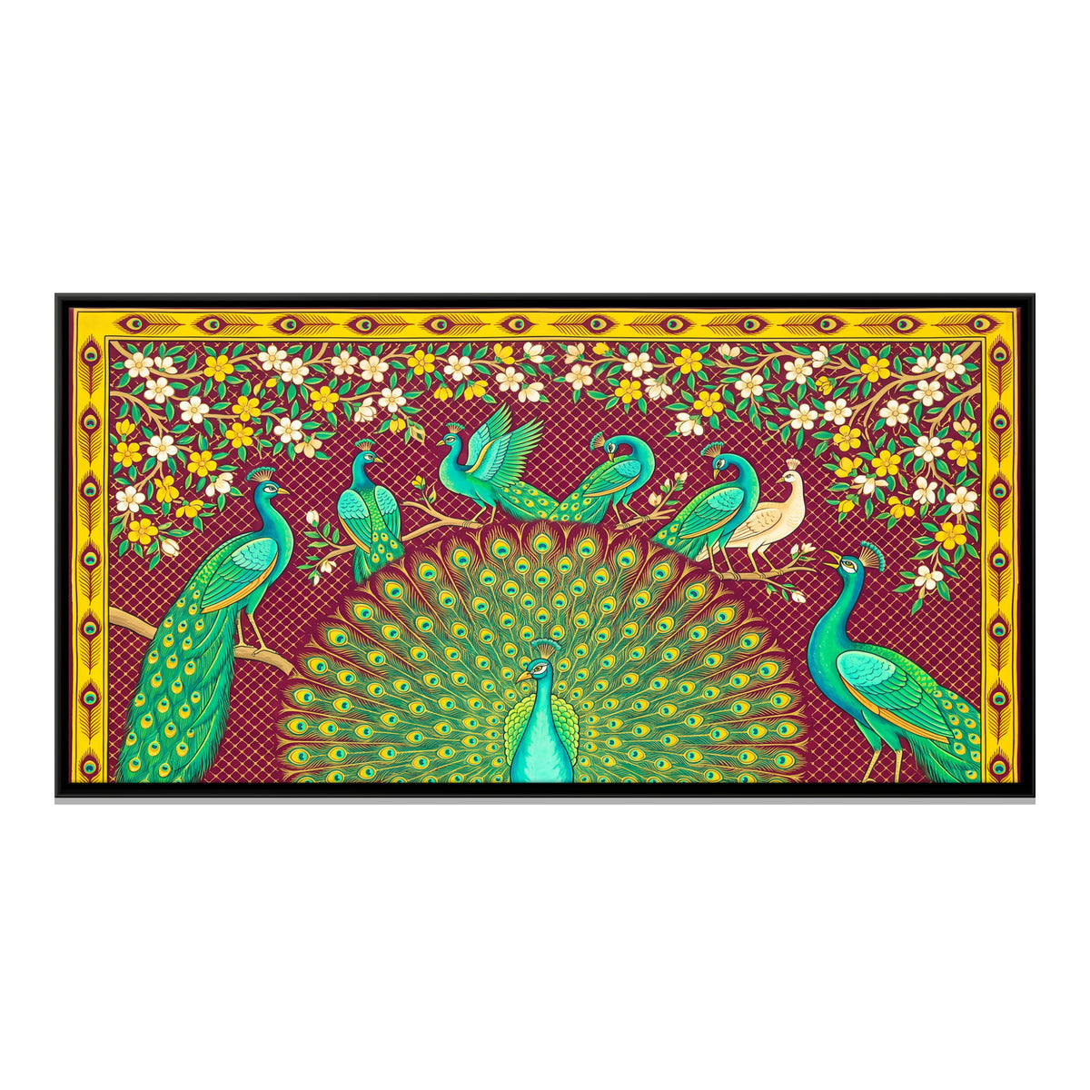 Peacocks Among Flowering Vines - framed canvas print, front view