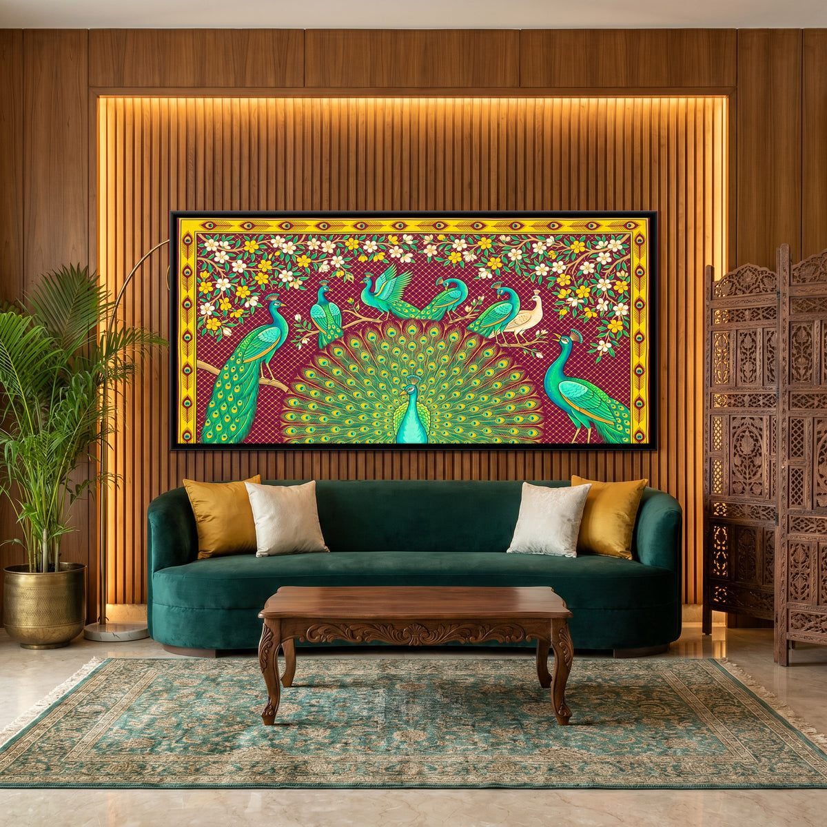 Peacocks Among Flowering Vines - canvas art shown in a styled room