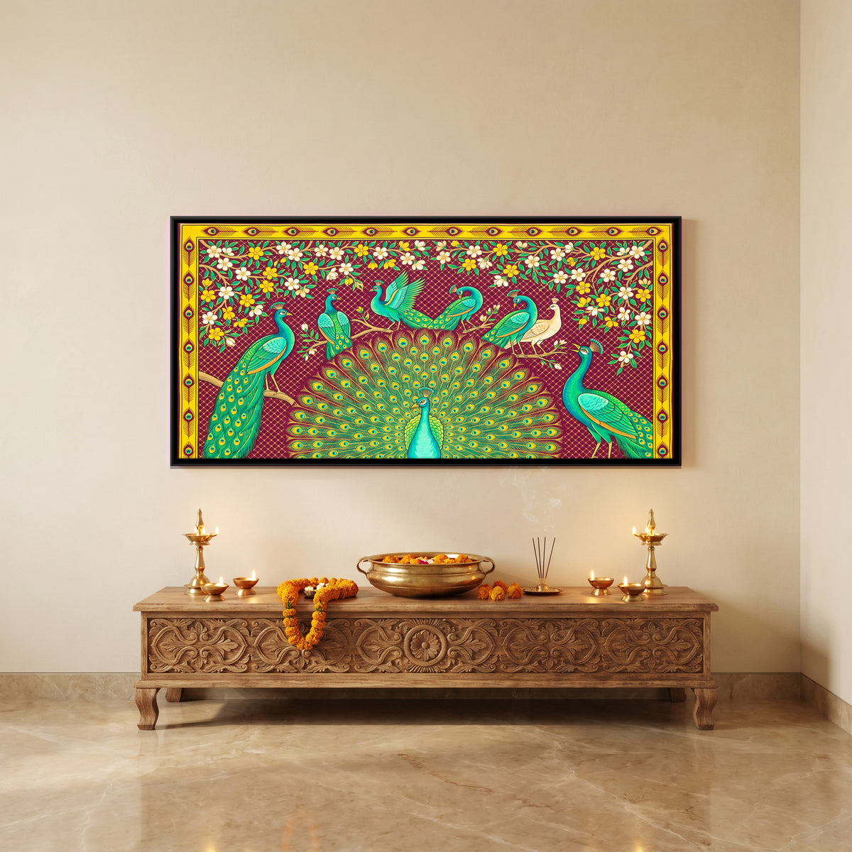 Peacocks Among Flowering Vines - canvas art shown in a second room setting
