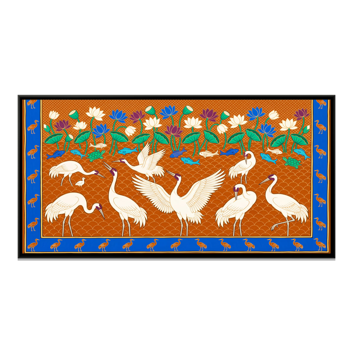 Cranes in a Lotus Pond - framed canvas print, front view