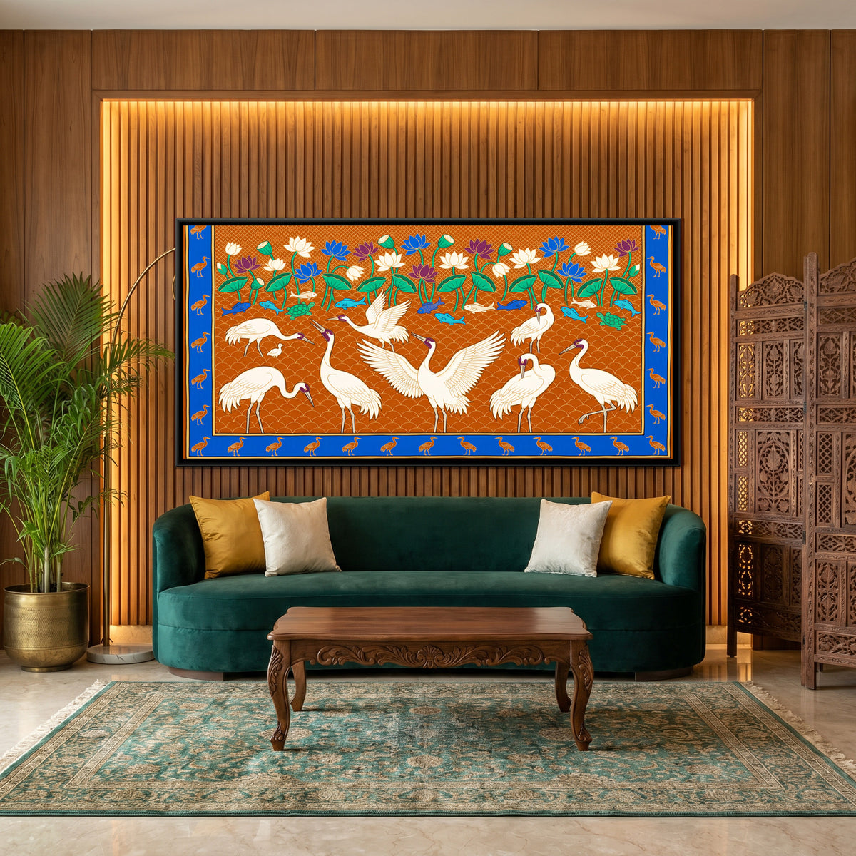 Cranes in a Lotus Pond - canvas art shown in a styled room