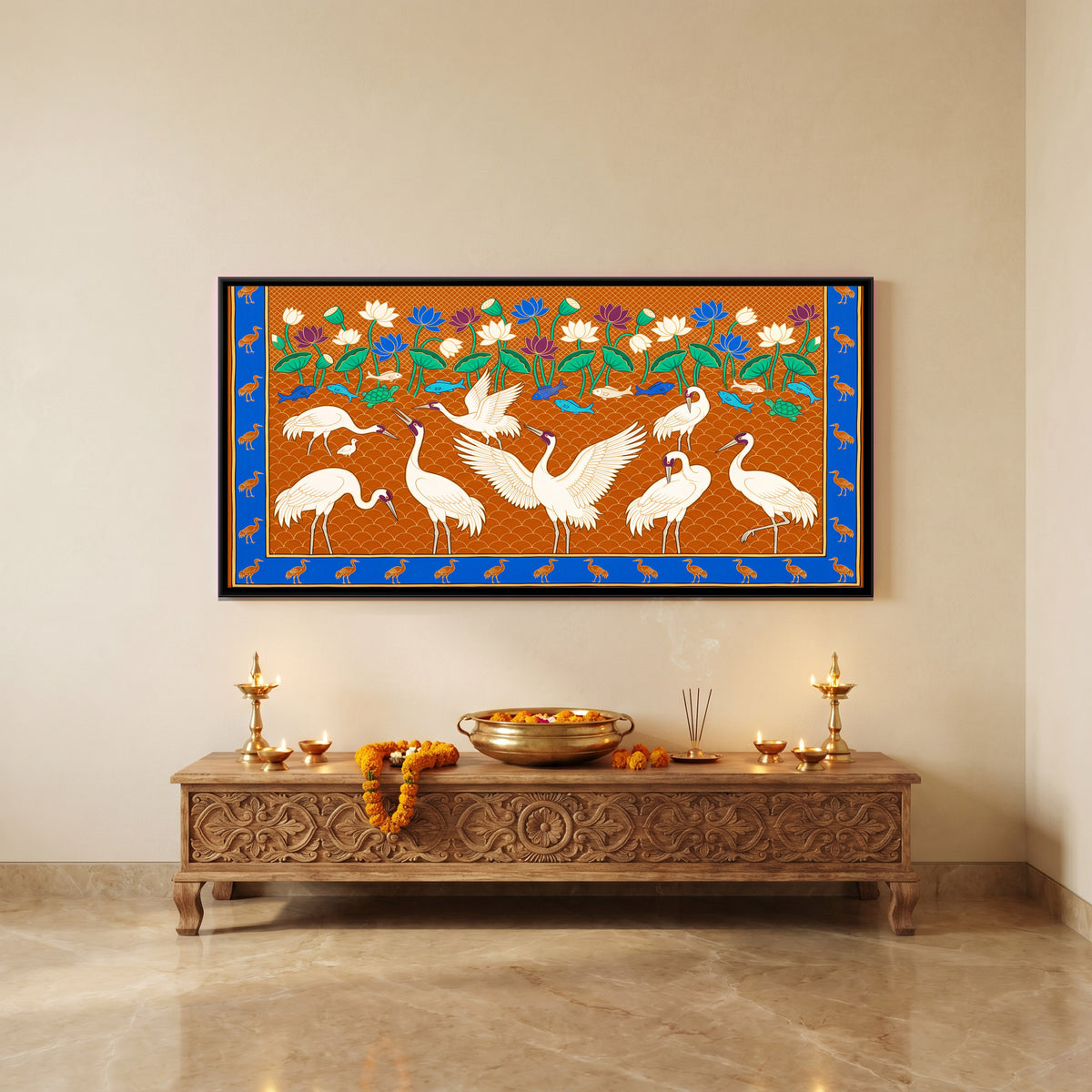 Cranes in a Lotus Pond - canvas art shown in a second room setting