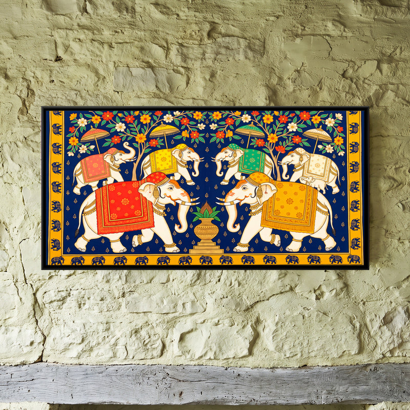 Elephant Procession - framed canvas art hung on a wall