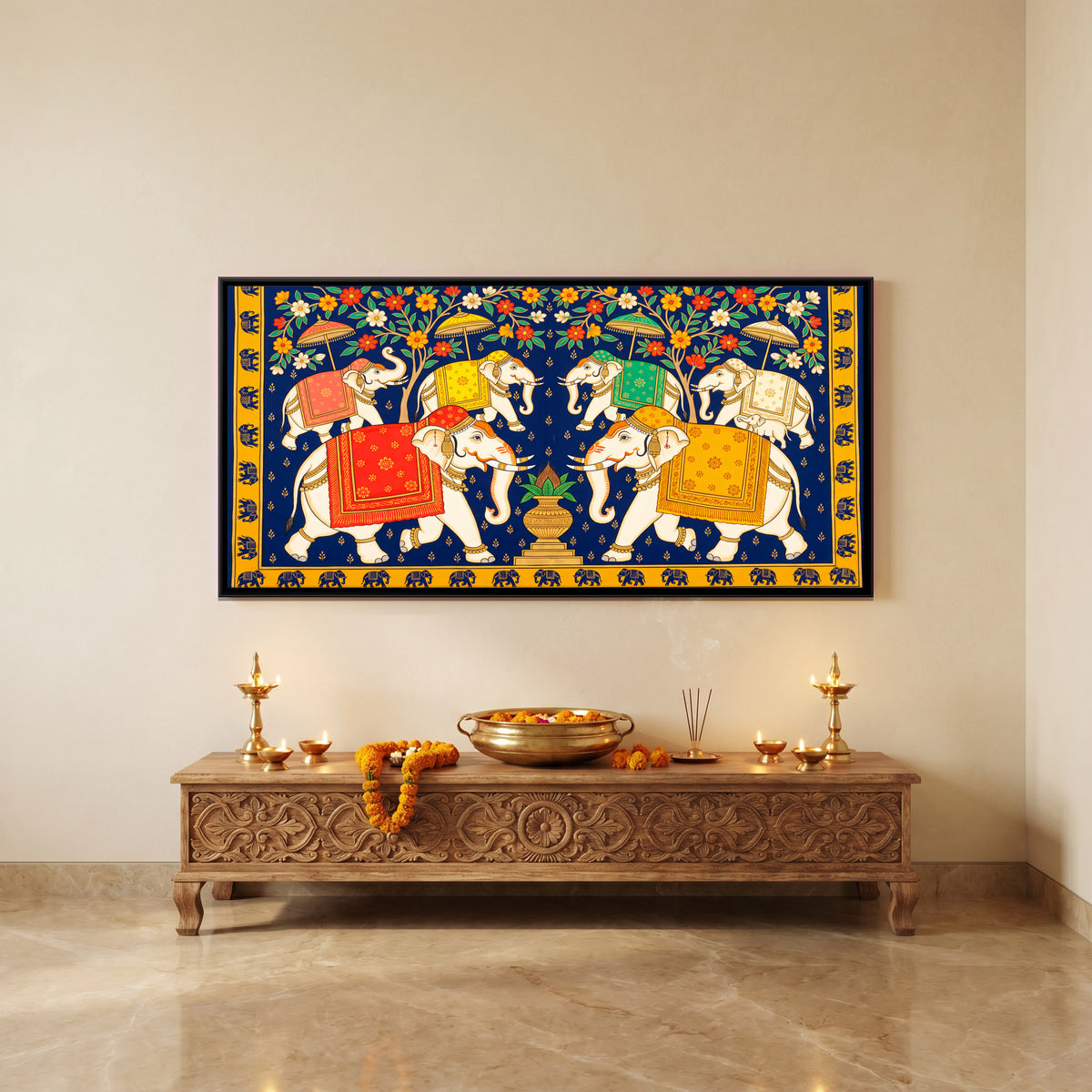 Elephant Procession - canvas art shown in a styled room