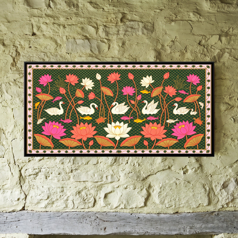 Swans Among Lotus - framed canvas art hung on a wall