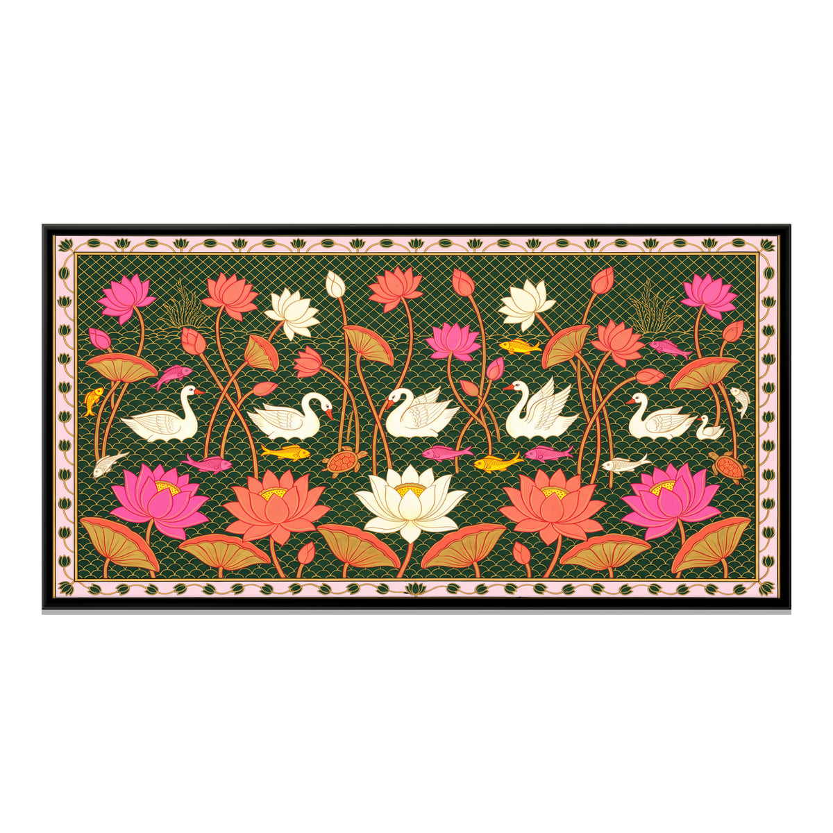 Swans Among Lotus - framed canvas print, front view