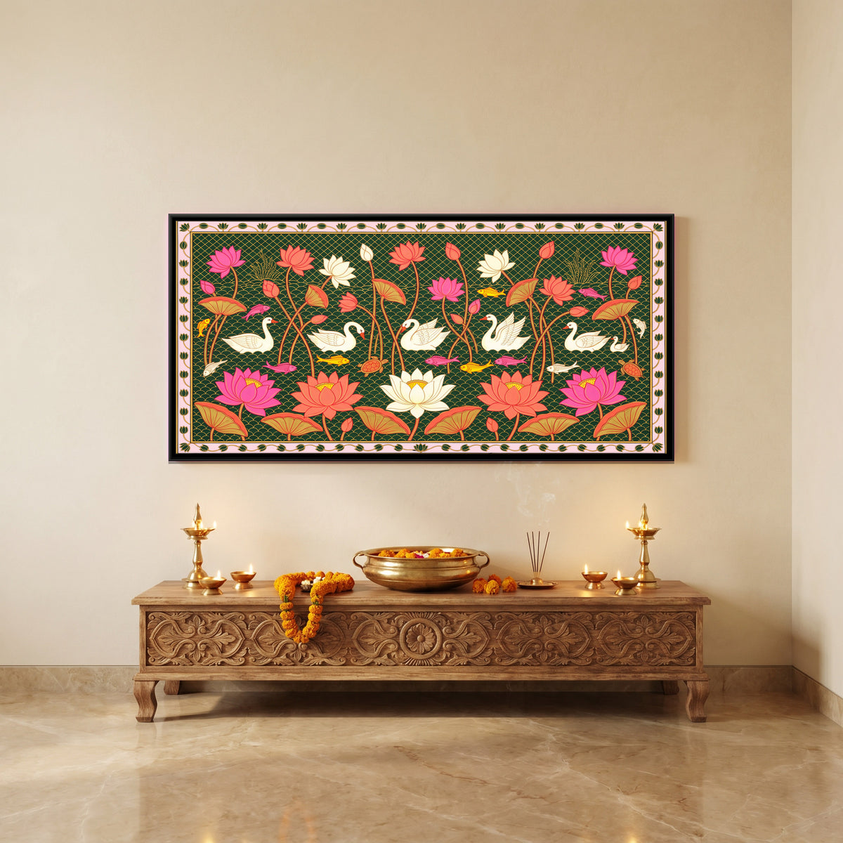 Swans Among Lotus - canvas art shown in a styled room