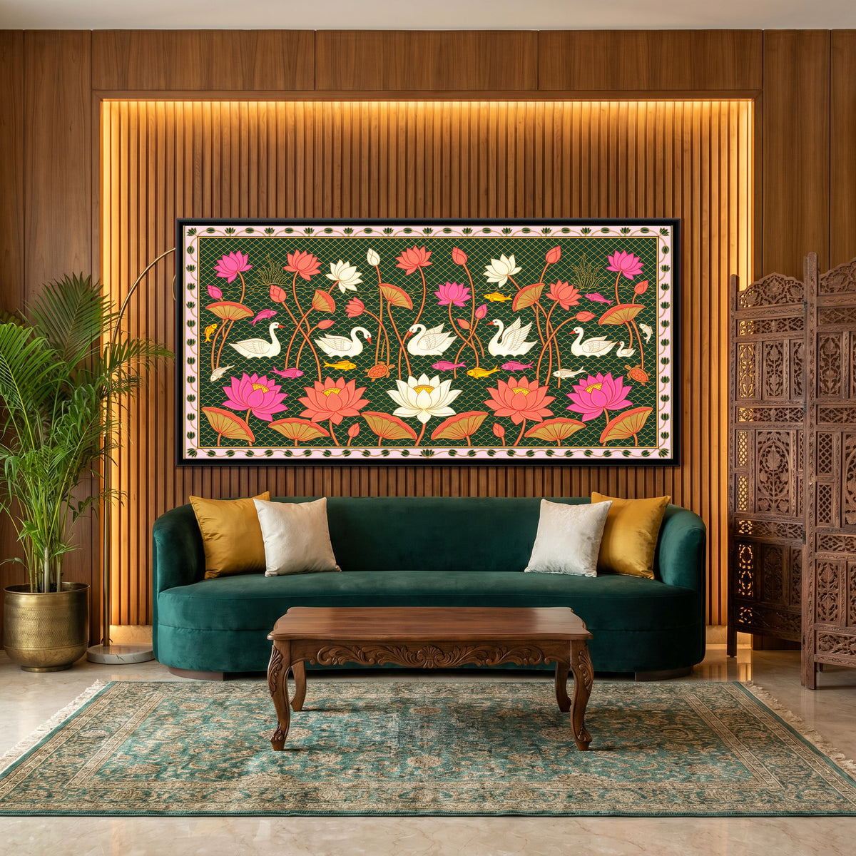 Swans Among Lotus - canvas art shown in a second room setting