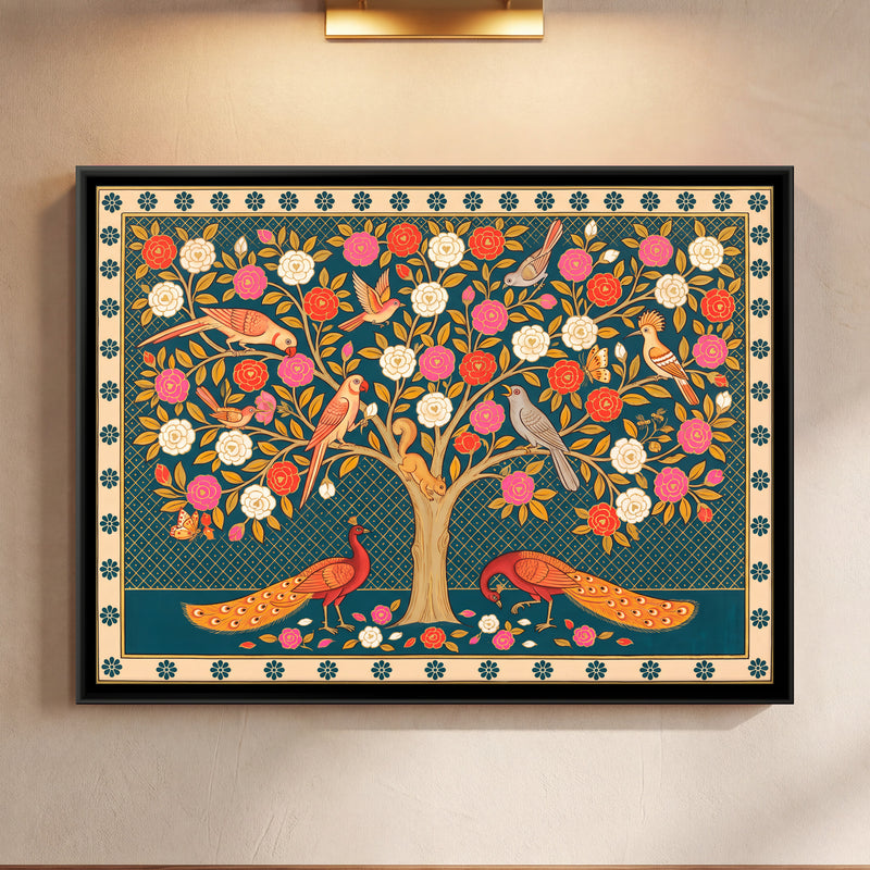 Red Blossom Tree with Peacocks - framed canvas art hung on a wall