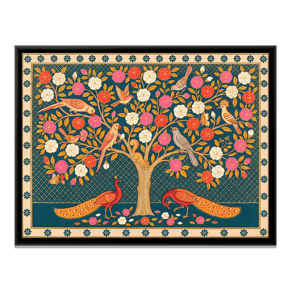 Red Blossom Tree with Peacocks - framed canvas print, front view