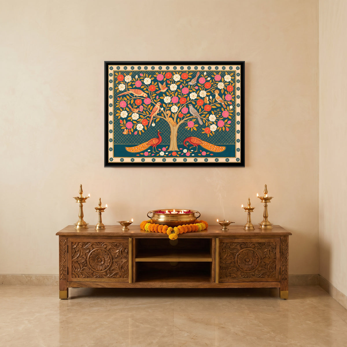 Red Blossom Tree with Peacocks - canvas art shown in a styled room
