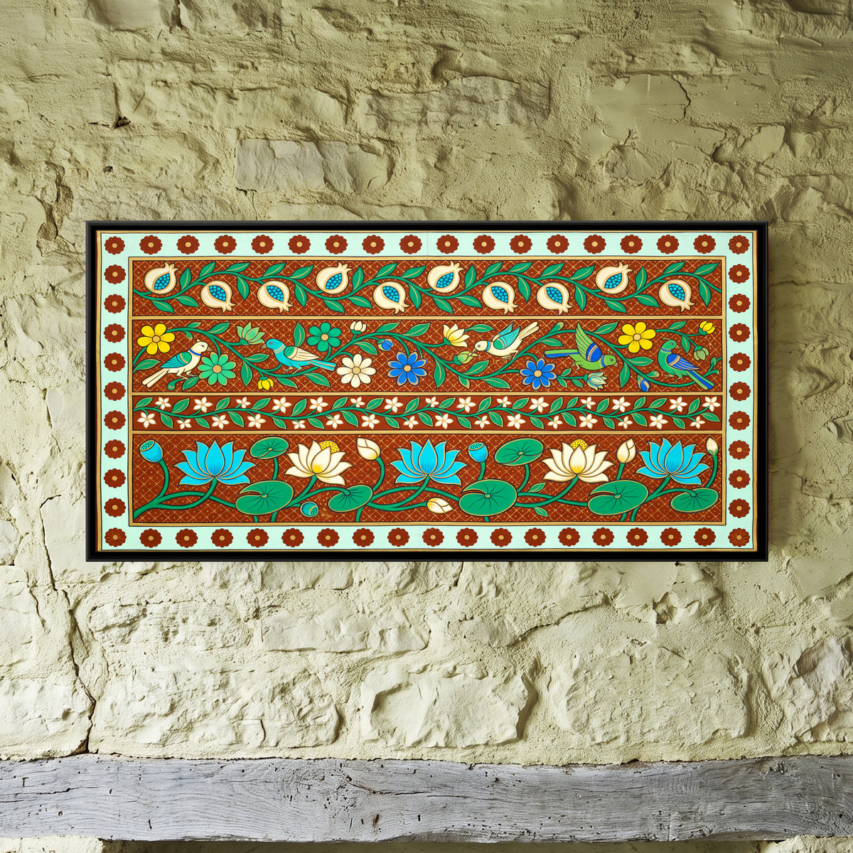 Bands of Lotus and Flowers - framed canvas art hung on a wall