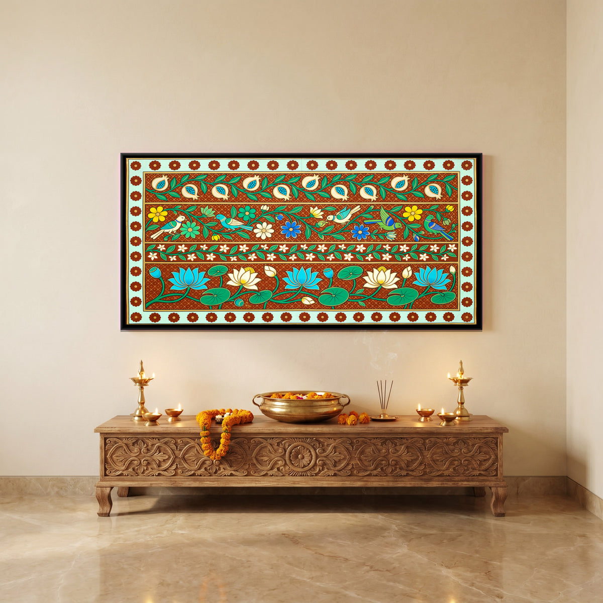 Bands of Lotus and Flowers - canvas art shown in a styled room