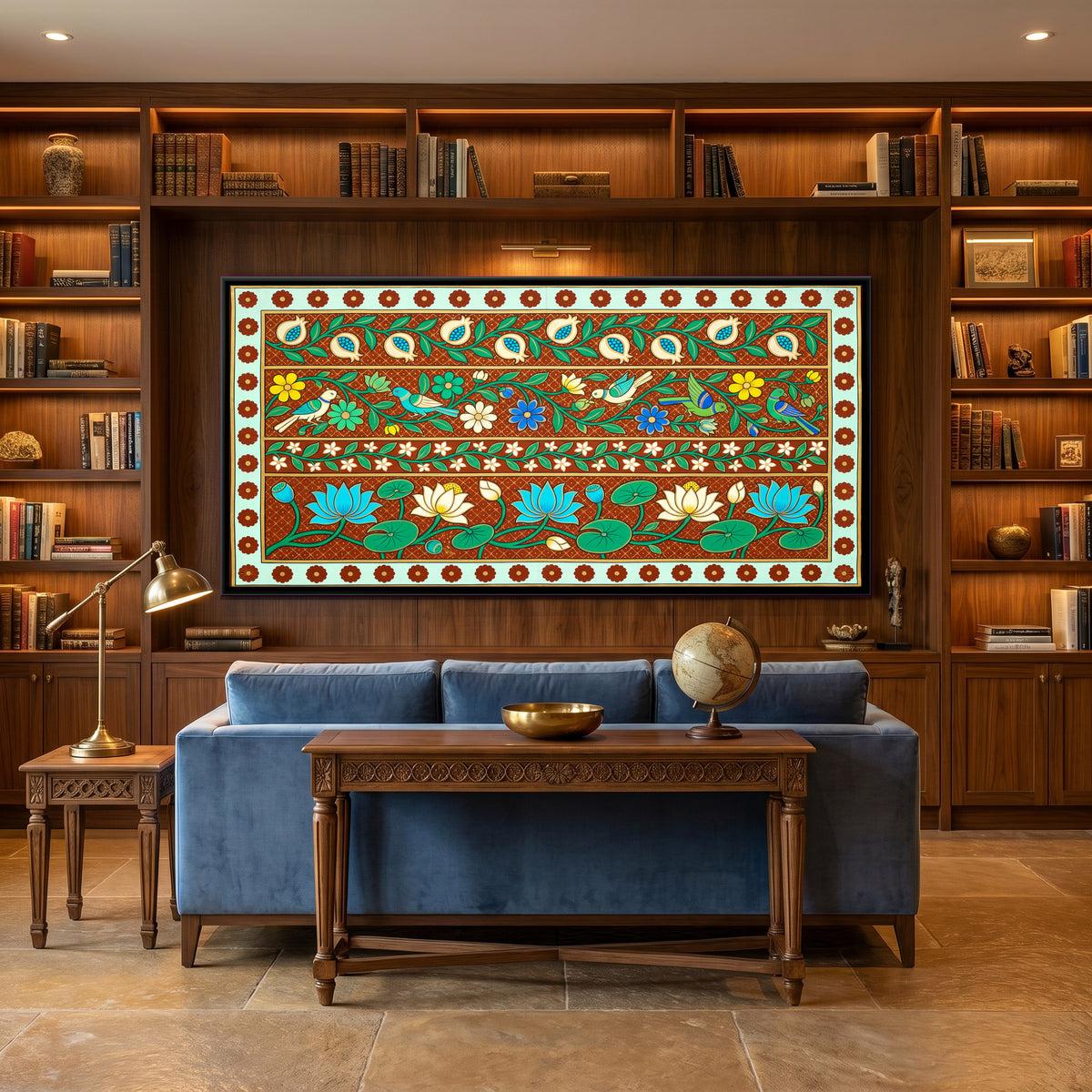 Bands of Lotus and Flowers - canvas art shown in a second room setting
