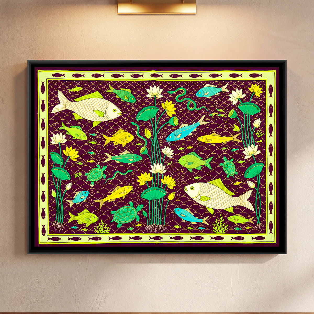 Fish and Turtles Among Lotus - framed canvas art hung on a wall