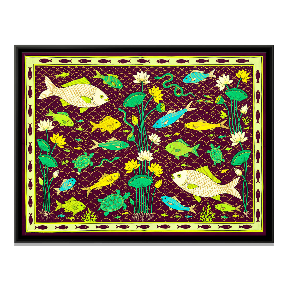 Fish and Turtles Among Lotus - framed canvas print, front view