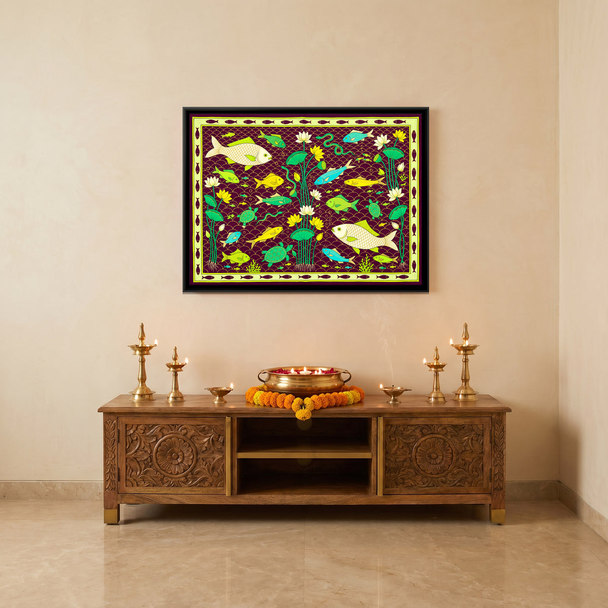 Fish and Turtles Among Lotus - canvas art shown in a styled room
