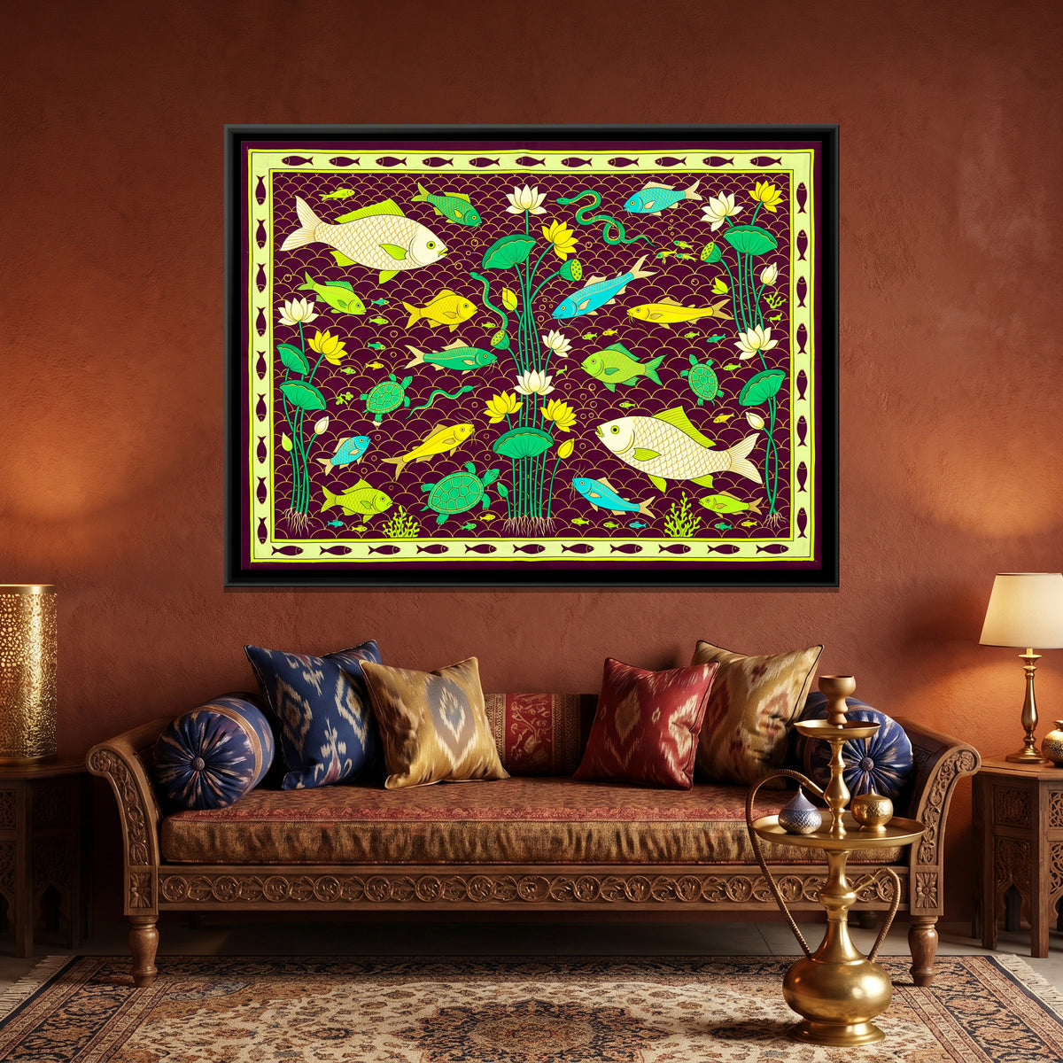 Fish and Turtles Among Lotus - canvas art shown in a second room setting