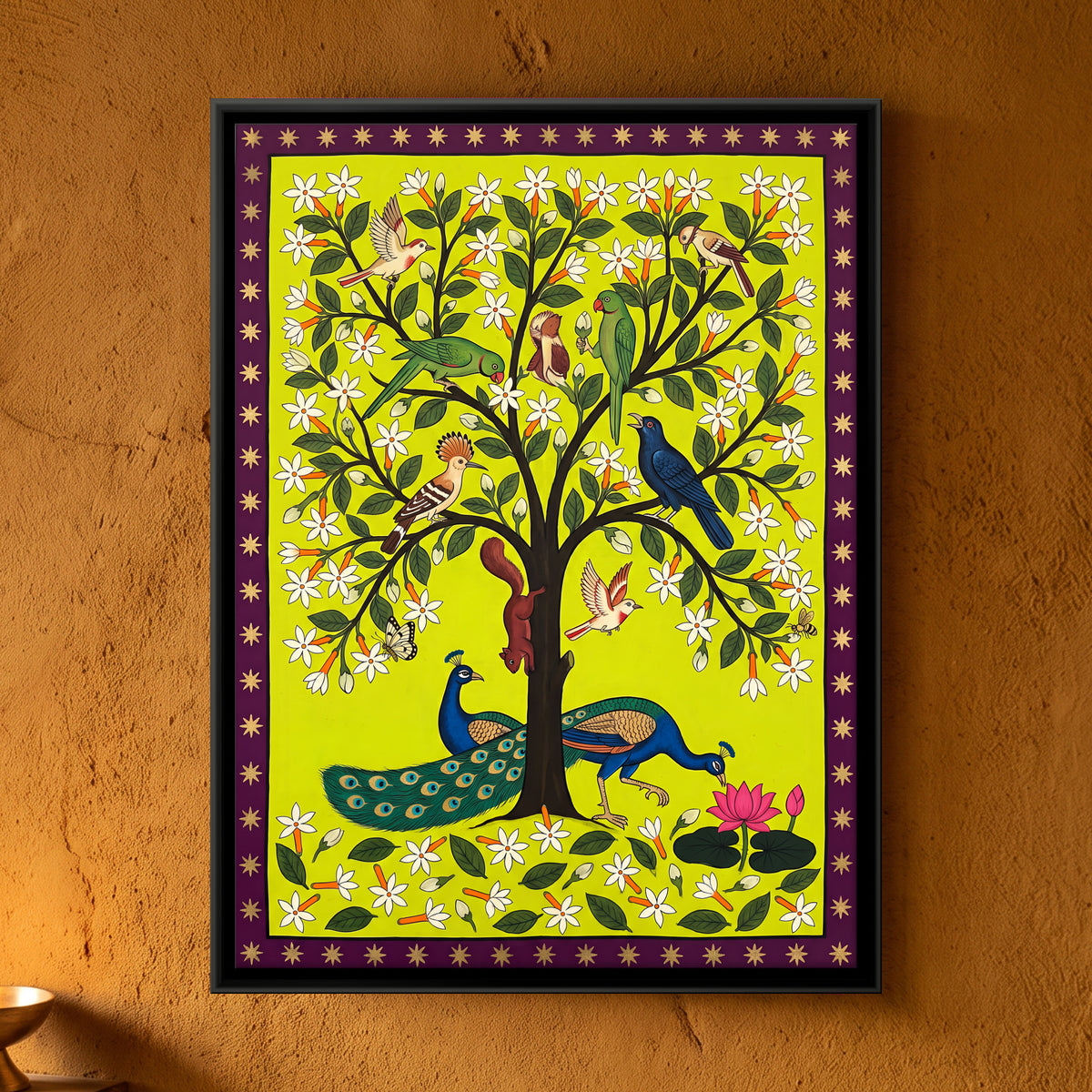 Night Jasmine Tree with Peacocks - framed canvas art hung on a wall